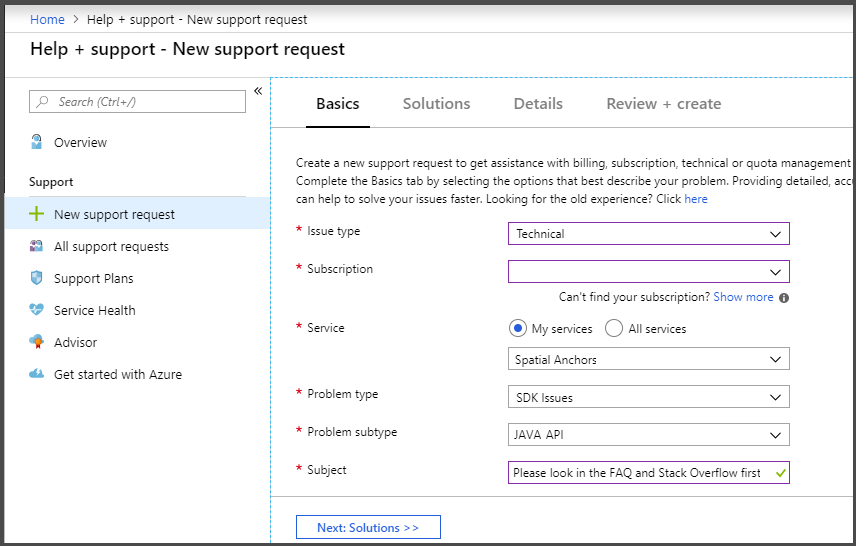 Azure-Portal unterstützen Ticketfelder.