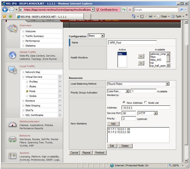 Screenshot of the Big dash I P web page. In the Health Monitors box under Active, h t t p is highlighted. In the New Members box, the A R R server priority value is ten dot zero dot zero dot one.