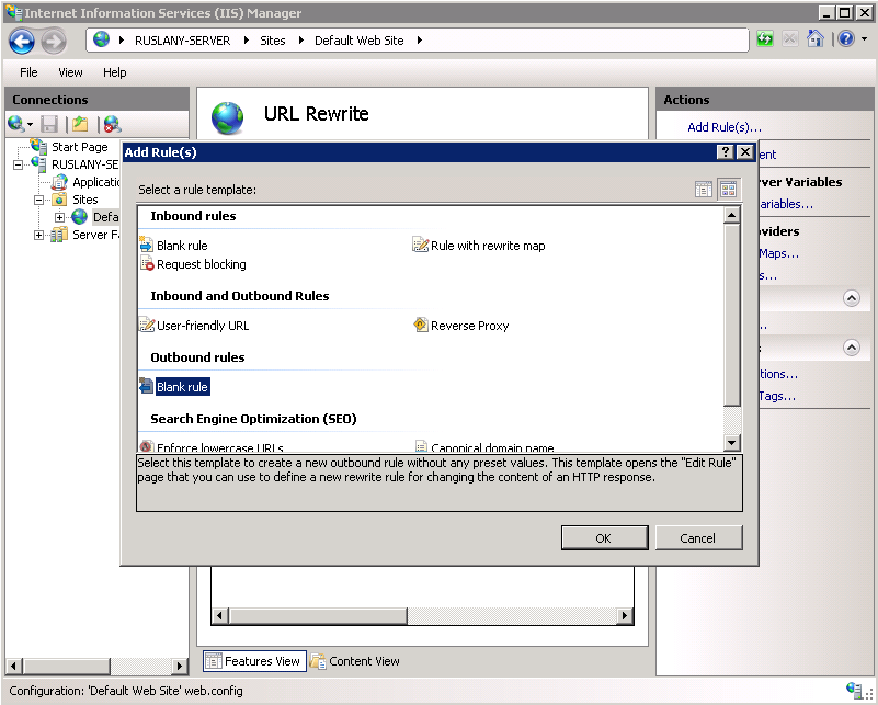 Screenshot of selecting a Blank rule template under Outbound rules in the Add Rules dialog.