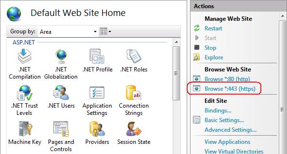 Screenshot of the Browse Web Site section of the Actions pane with Browse asterisk colon 443 or H T T P S emphasized.
