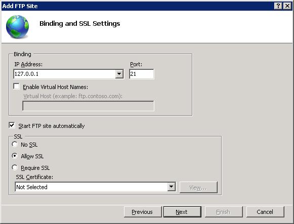 Screenshot of the Add F T P Site screen's Binding and S S L Settings section with a focus on the Next option.