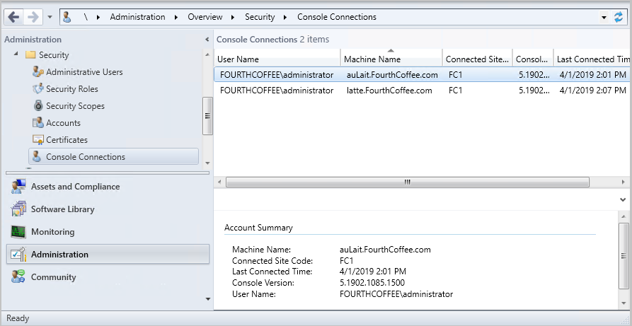 Anzeigen Configuration Manager Konsolenverbindungen.