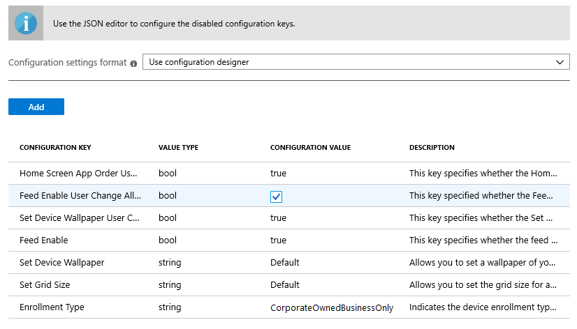 Format der Konfigurationseinstellungen: Json-Daten eingeben