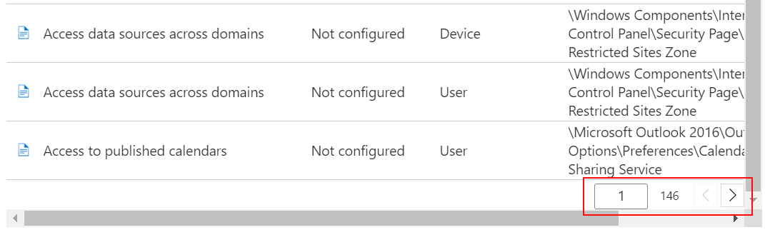 Sehen Sie sich eine Beispielliste der Einstellungen an, und verwenden Sie die Schaltflächen vor und weiter im Intune Admin Center und Microsoft Intune.