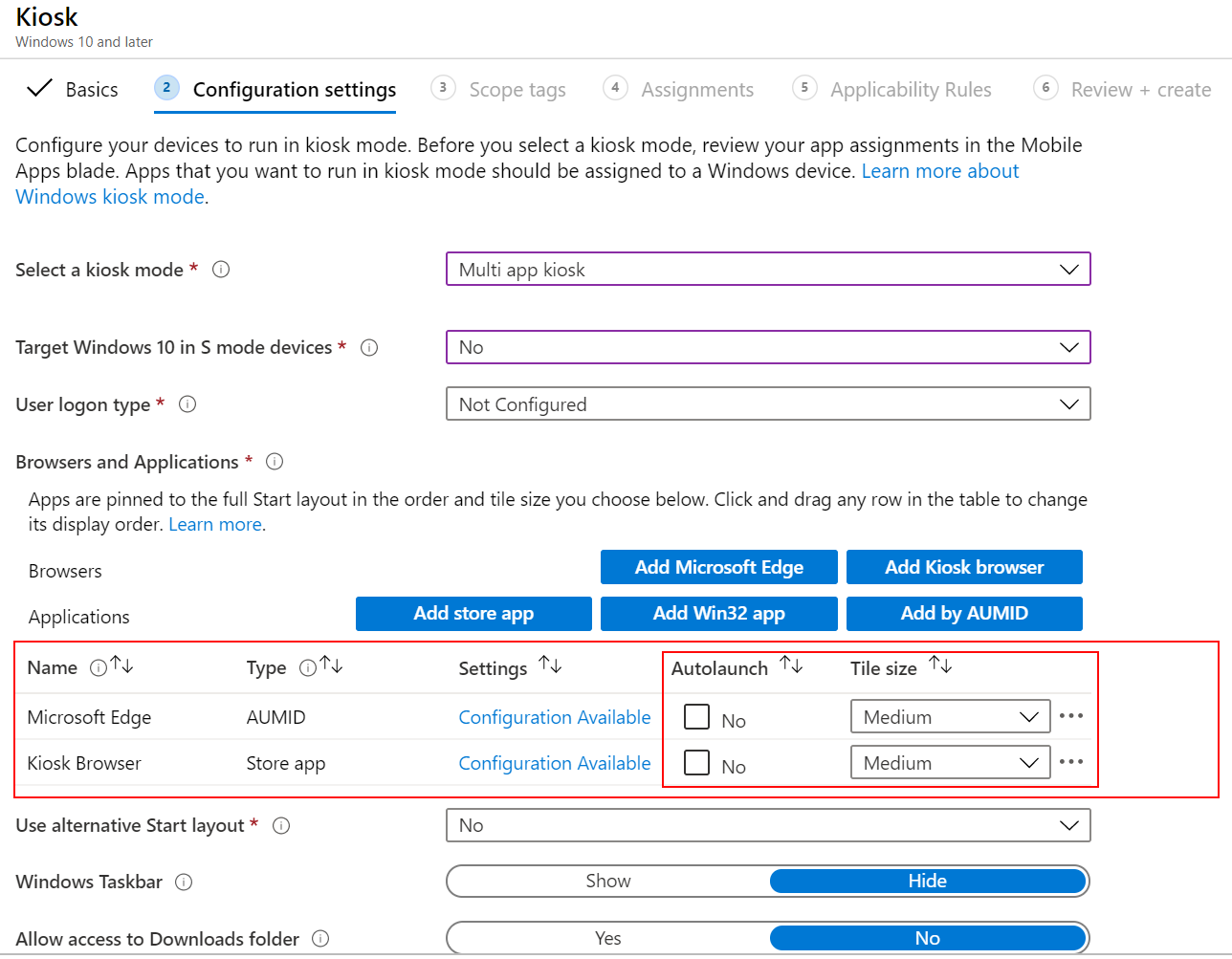 Starten Sie die App oder den Browser automatisch, und wählen Sie die Kachelgröße in einem Kioskprofil mit mehreren Apps in Microsoft Intune aus.