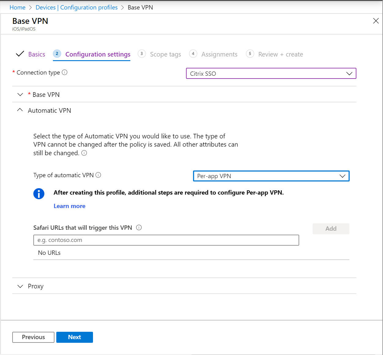 Screenshot: Automatische VPN-Einstellung auf Pro-App-VPN auf iOS-/iPadOS-Geräten in Microsoft Intune