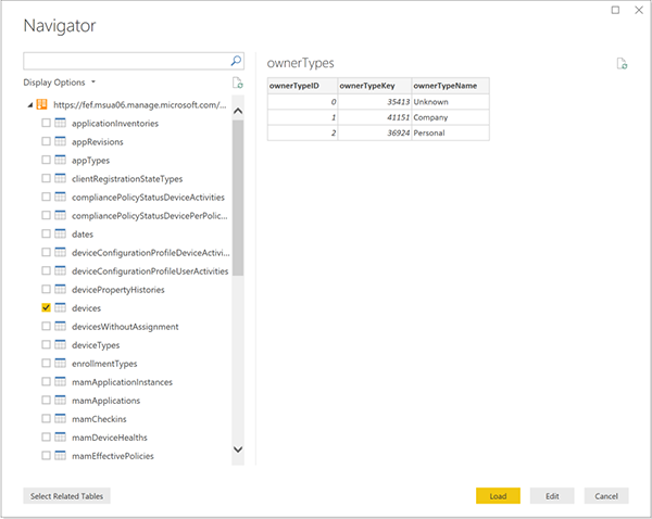 Screenshot des Navigators: Die Liste der Data Warehouse-Tabellen.