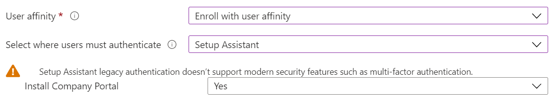 Registrieren Sie iOS-/iPadOS-Geräte mithilfe von Apple Configurator im Intune Admin Center und Microsoft Intune. Wählen Sie Mit Benutzeraffinität registrieren aus, verwenden Sie den Setup-Assistenten für die Authentifizierung, und installieren Sie die Unternehmensportal-App.