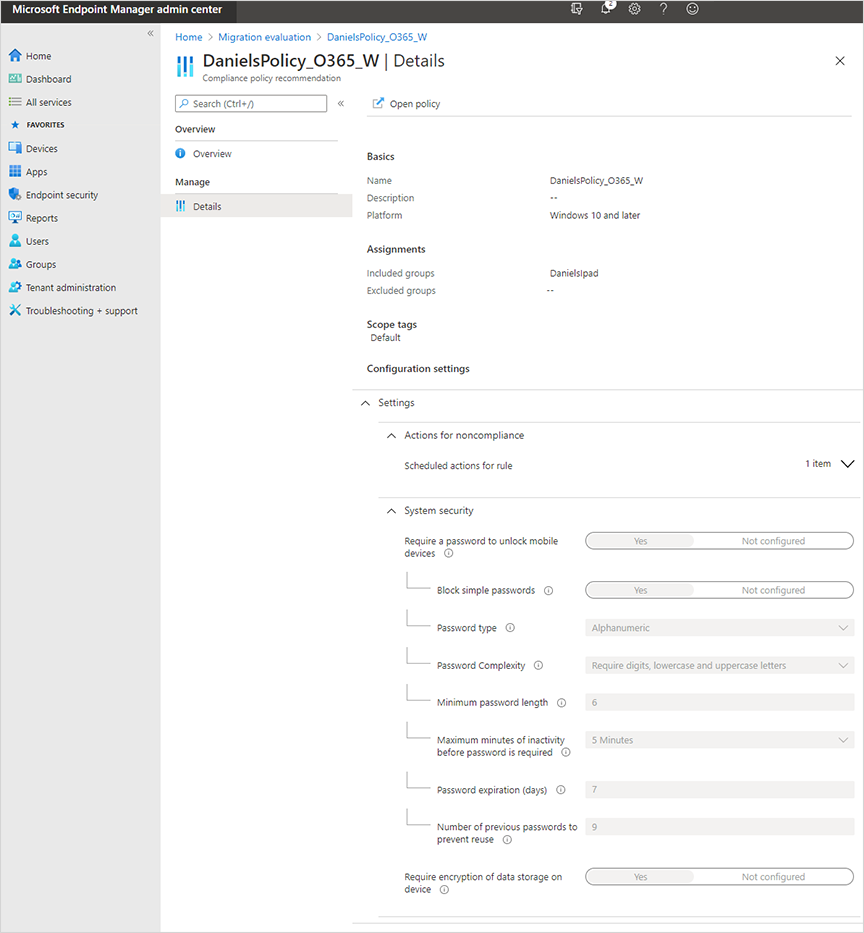 Screenshot des Beispiels für die Detailseite im Microsoft Intune Admin Center nach der Migration von Microsoft 365 Basic Mobility and Security-Richtlinien zu Intune