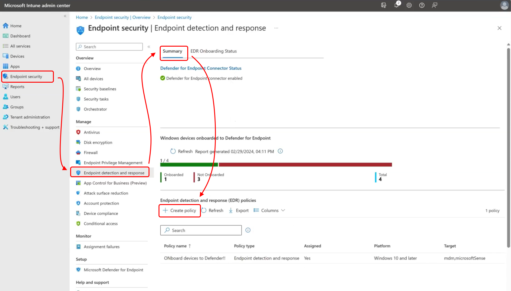 Screenshot des Admin Centers, der zeigt, wo sie die Option Richtlinie erstellen finden.