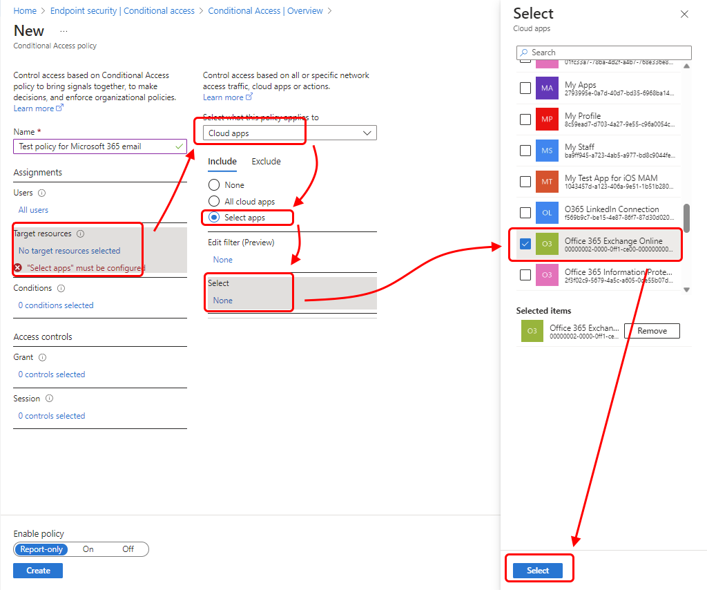 Wählen Sie Office 365 Exchange Online aus, um der Richtlinie hinzuzufügen.