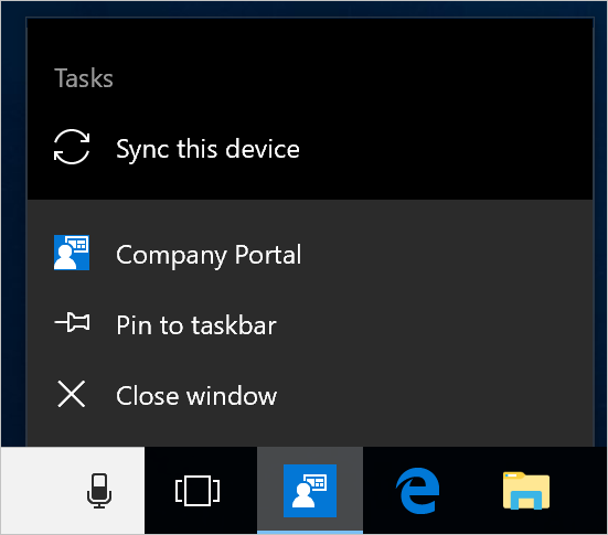 Screenshot der Windows-Taskleiste auf dem Desktop eines Geräts. Das Symbol der Unternehmensportal-App wurde ausgewählt und zeigt ein Menü mit den Optionen 