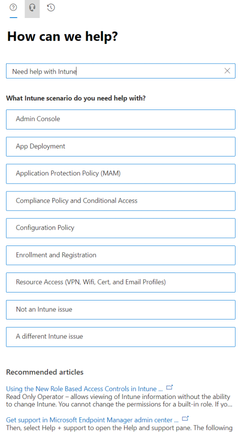 Screenshot: Szenariooptionen im Intune Admin Center