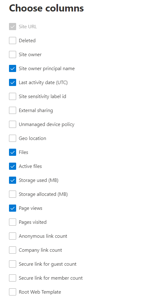 SharePoint-Websitenutzungsbericht – Spalten auswählen.