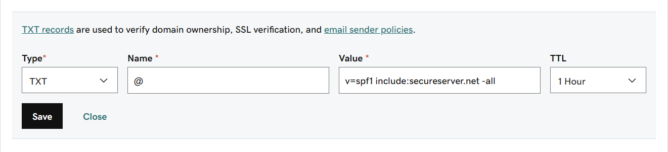 Geben Sie die Werte aus der Tabelle für den SPF TXT-Eintrag ein.