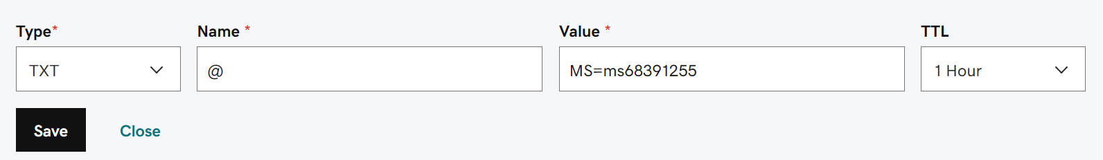 Geben Sie die Werte aus der Tabelle für den TXT-Eintrag für die Domänenüberprüfung ein.