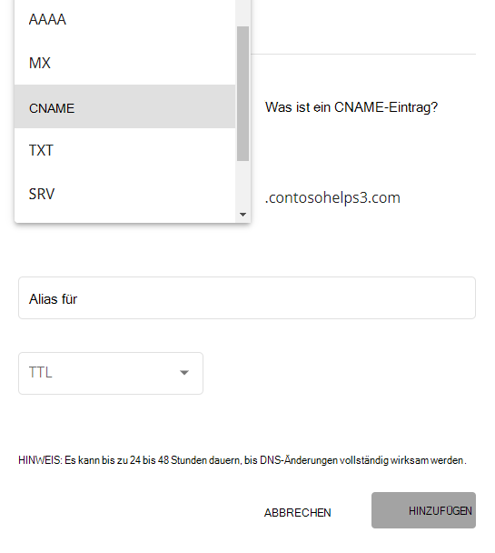 Wählen Sie in der Dropdownliste CNAME-Typ aus.
