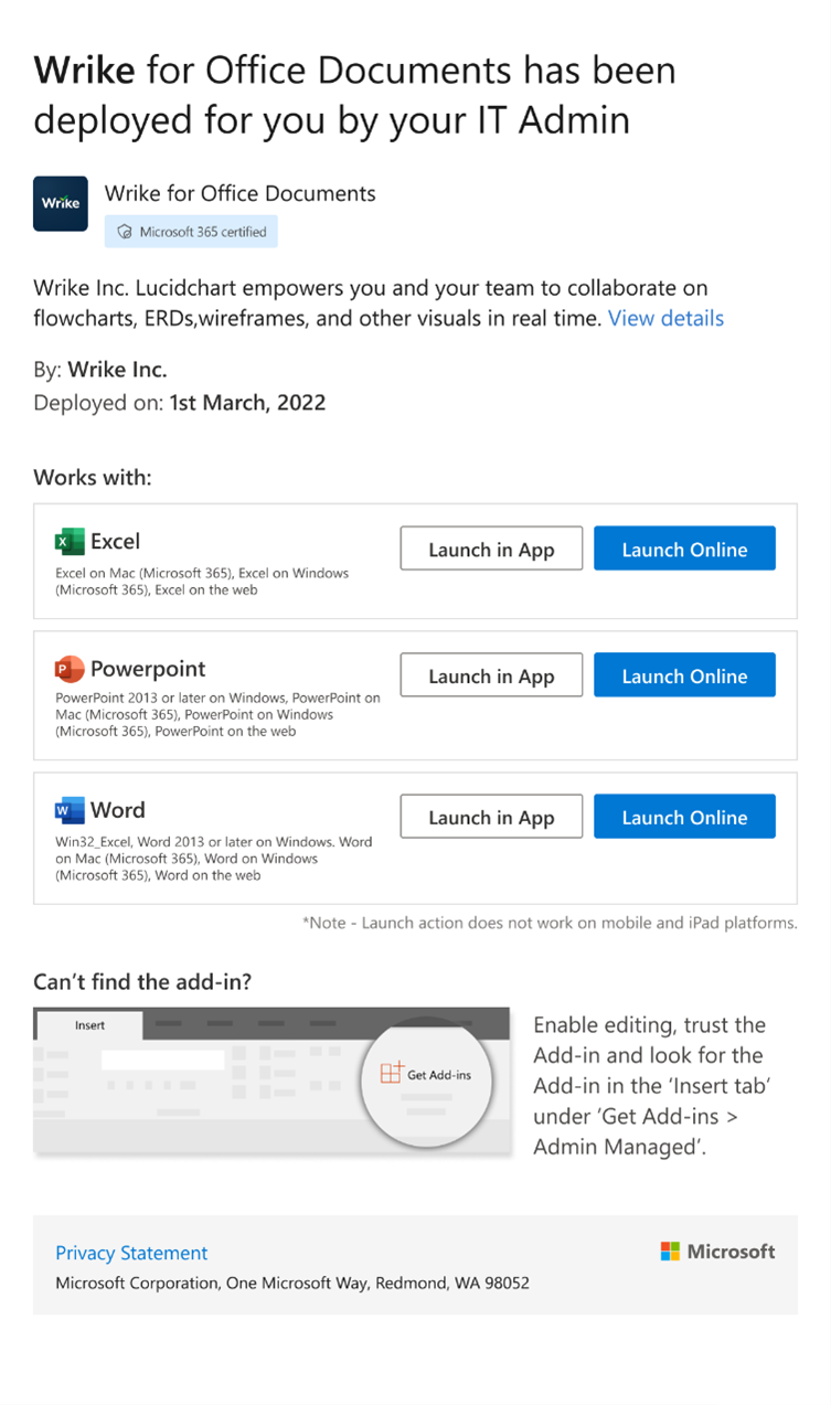 E-Mail-Beispiel für die Bereitstellung von Excel-, PowerPoint- oder Word-Add-Ins.