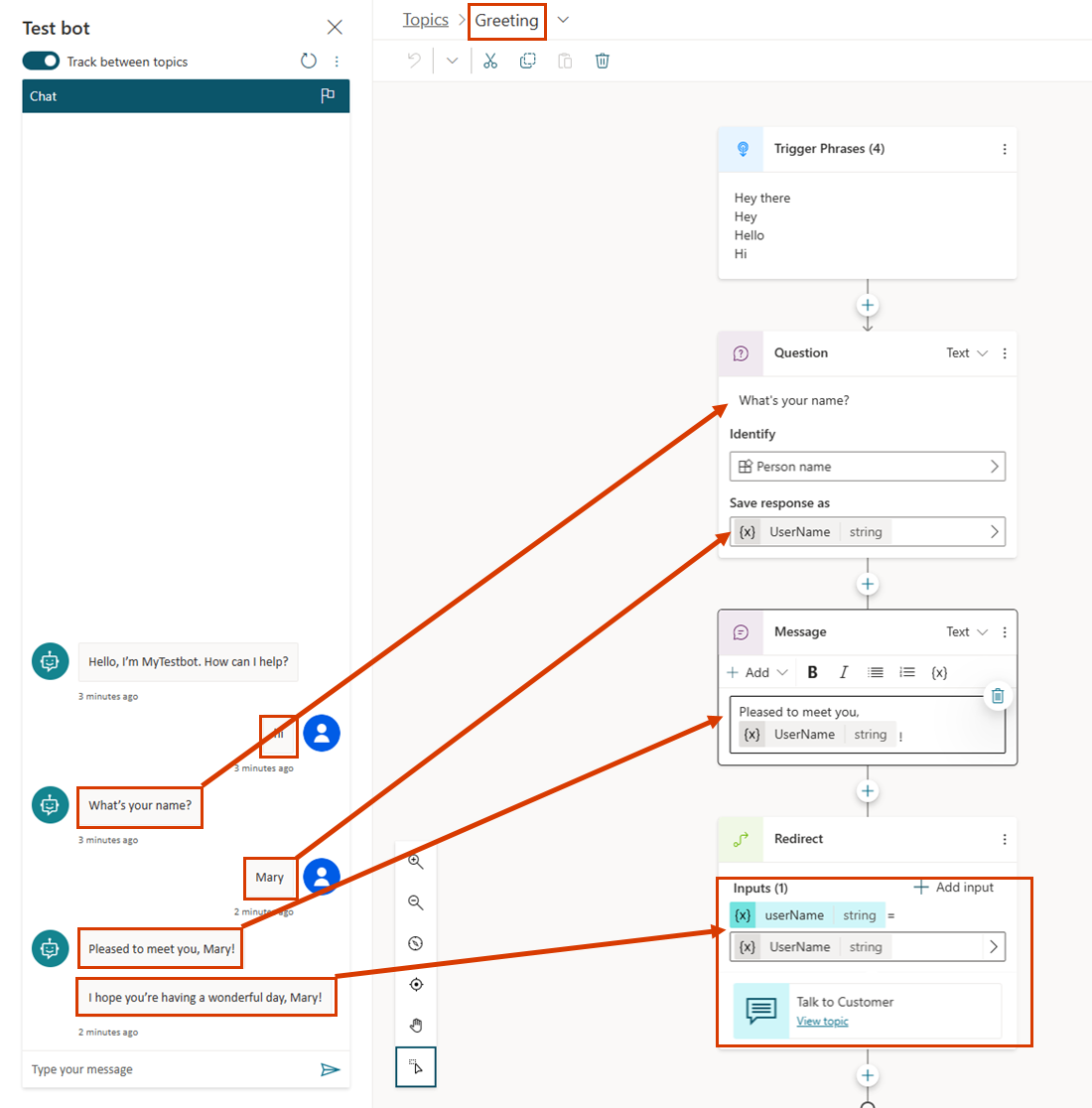 Screenshot des Gesprächsflusses des Themas „Begrüßung“.