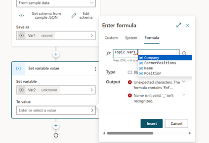 Screenshot, der den Zugriff auf vollständiges Intellisense für verschiedene Eigenschaften über den Power Fx Editor zeigt.