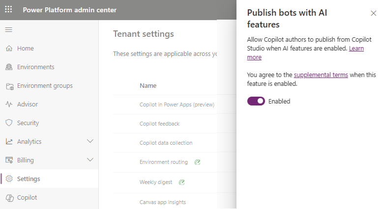 Screenshot des Power Platform-Admin Centers mit der aktivierten Option, die Veröffentlichung zu deaktivieren.