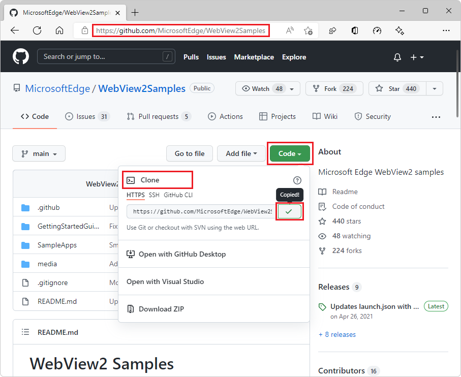 Klonen des WebView2Samples-Repositorys