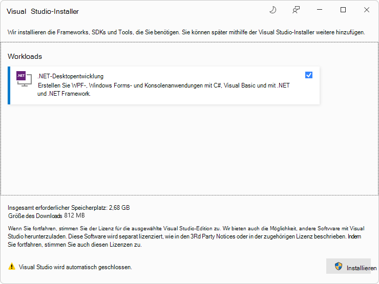 Visual Studio-Installer für die Workload .NET-Desktopentwicklung