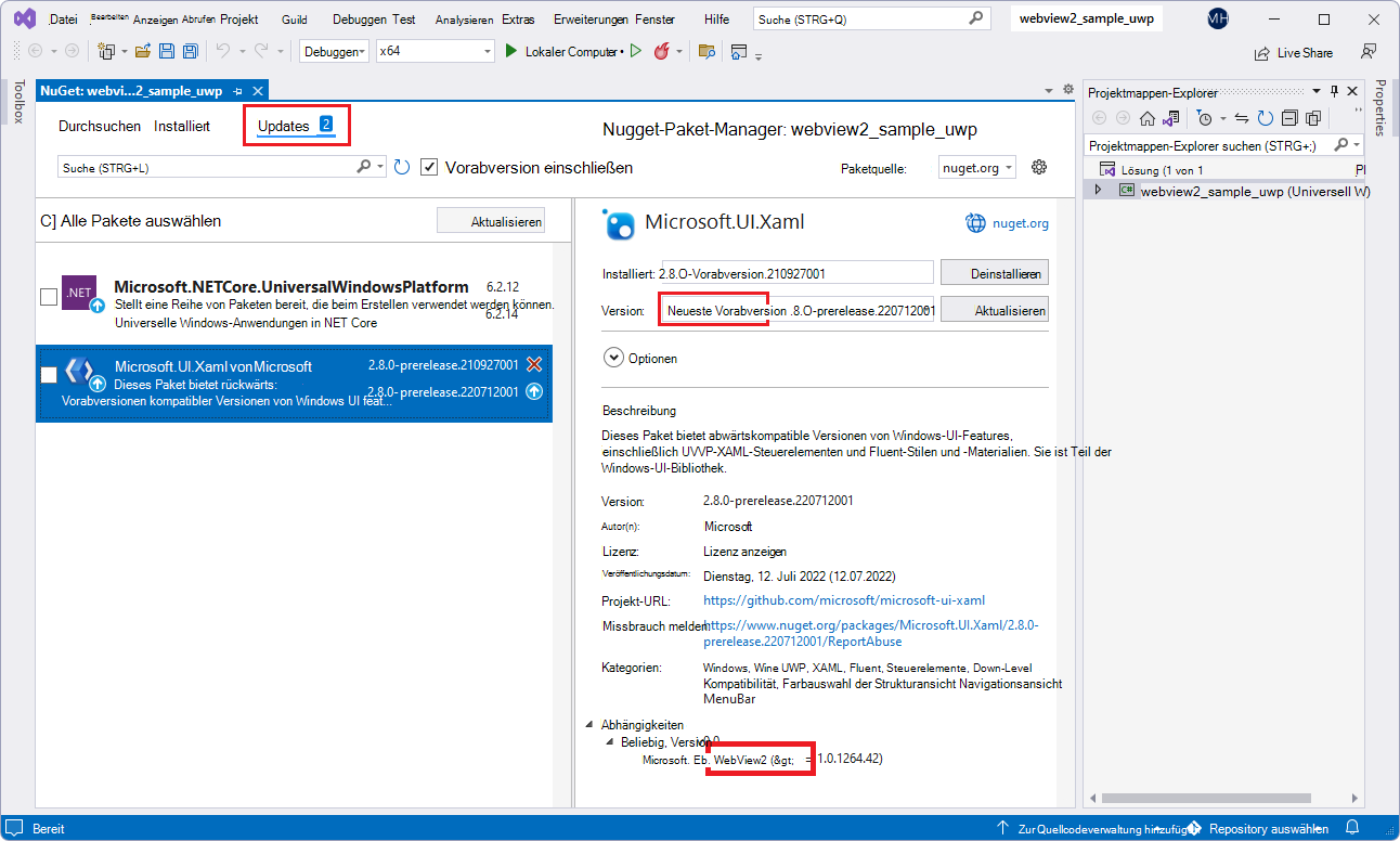 Der NuGet-Paket-Manager zum Installieren von Microsoft.UI.Xaml