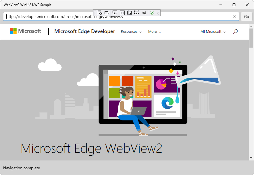 Das webview2_sample_uwp Projekt, das ausgeführt wird und Webseiteninhalte anzeigt