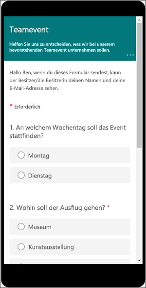 Vorschau, wie ein Formular auf einem mobilen Gerät aussieht.