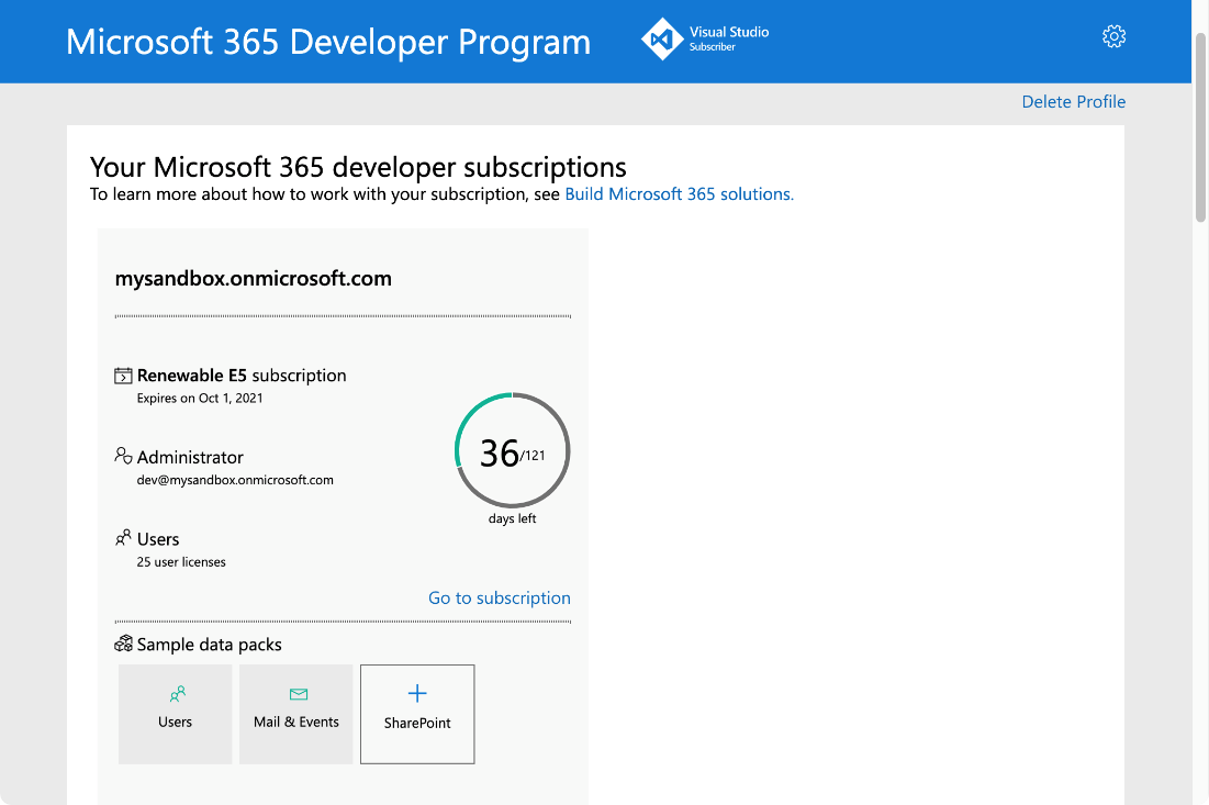 Screenshot des Microsoft 365-Entwicklerprogramms mit Ihren Microsoft 365-Entwicklerabonnements für die Blazor-App.