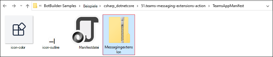 Screenshot des geklonten Repositorys mit rot hervorgehobener ZIP-Datei der Messaging-Erweiterung.