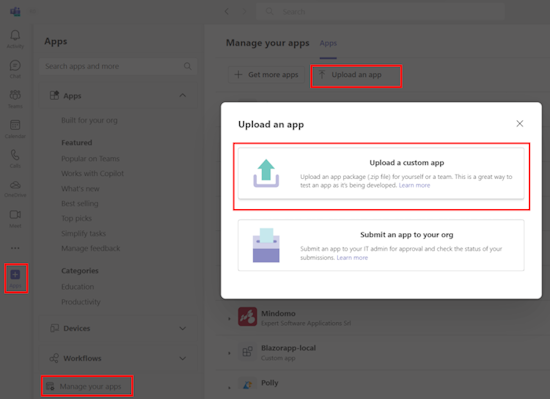 Screenshot: Option zum Hochladen einer benutzerdefinierten App in Teams