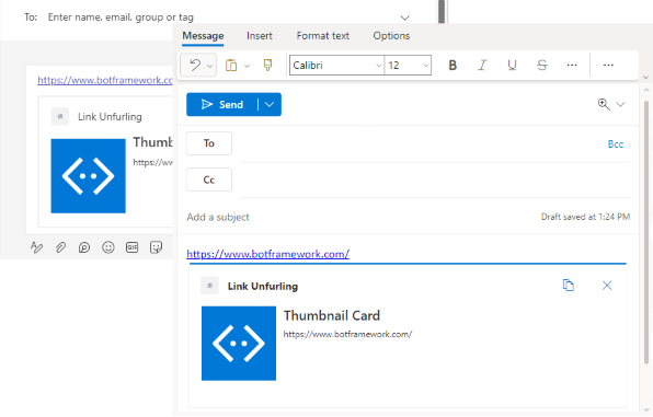 Der Screenshot ist ein Beispiel, das zeigt, wie link unfurling in Outlook und Teams ausgeführt wird.