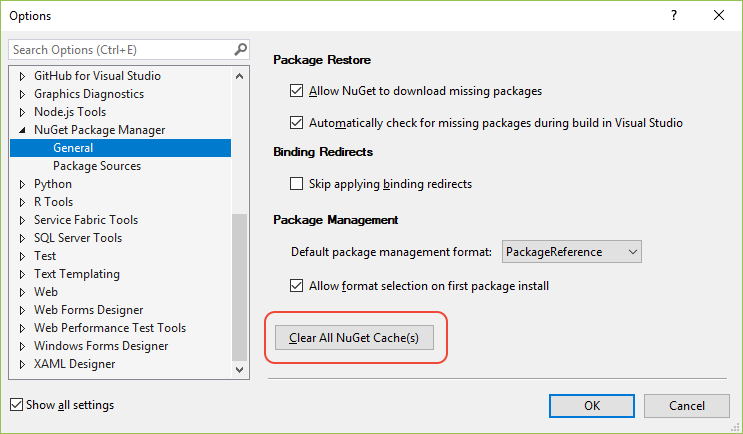 NuGet-Optionsbefehl zum Bereinigen des Caches