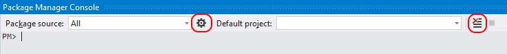 Screenshot that shows the Package Manager Console settings and clear controls.