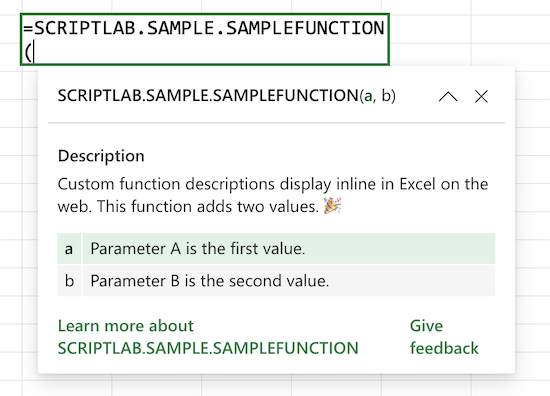 Eine benutzerdefinierte Funktion mit Inlinebeschreibungen, die in Excel im Web angezeigt werden.