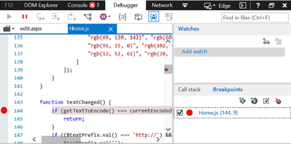 Debugger mit Haltepunkt in home.js Datei.