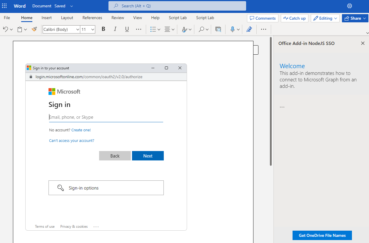 Anmeldedialogfeld mit Microsoft Identity Platform in Word.