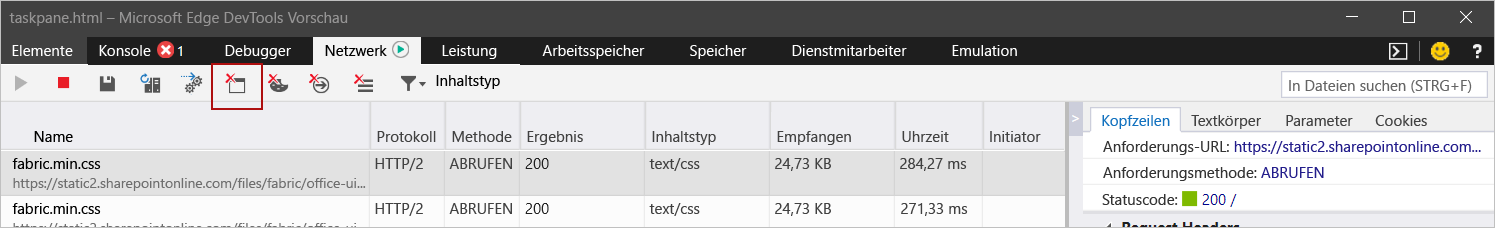 Microsoft Edge DevTools mit hervorgehobener Schaltfläche 