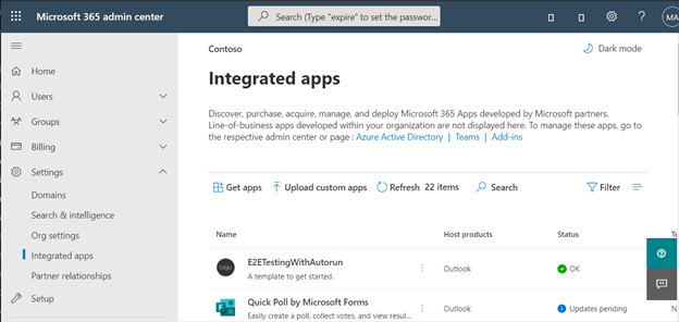 Die Seite Integrierte Apps im Microsoft 365 Admin Center mit hervorgehobener Aktion 