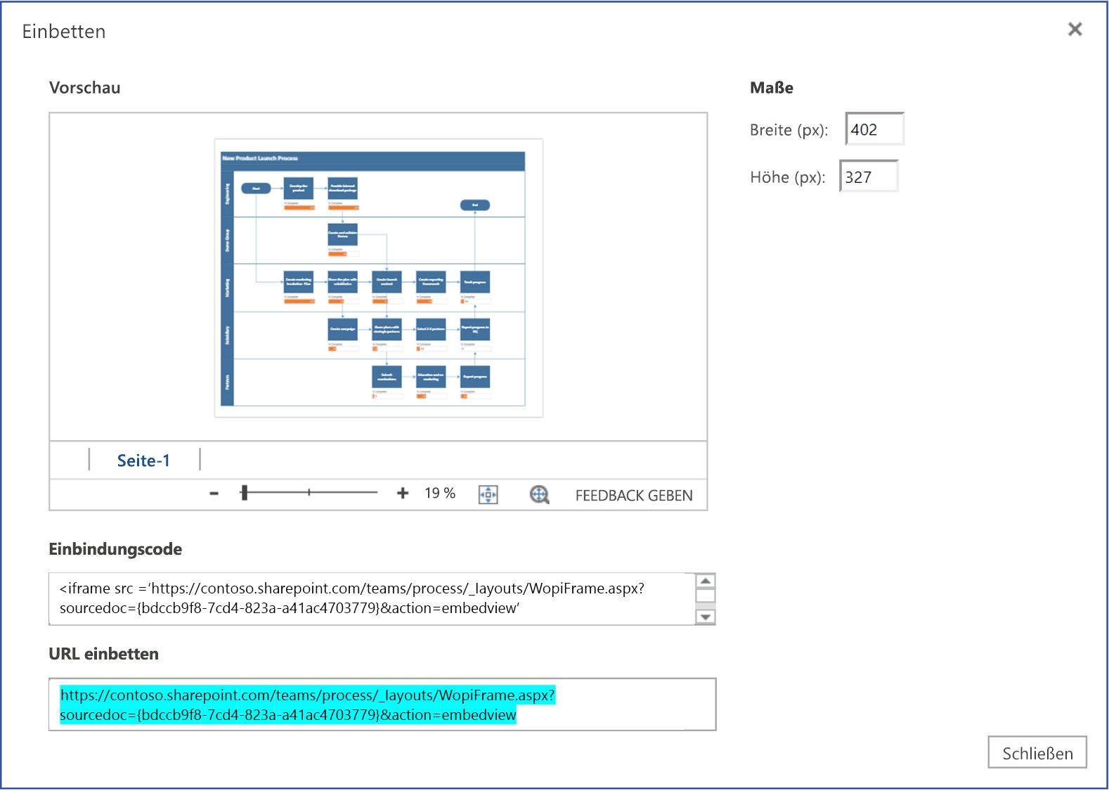 Kopieren Sie die URL der Visio-Datei aus dem Dialogfeld „Einbetten“.