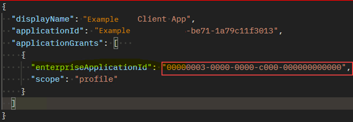 Screenshot einer richtigen Anforderung, in der enterpriseApplicationId eine GUID verwendet.