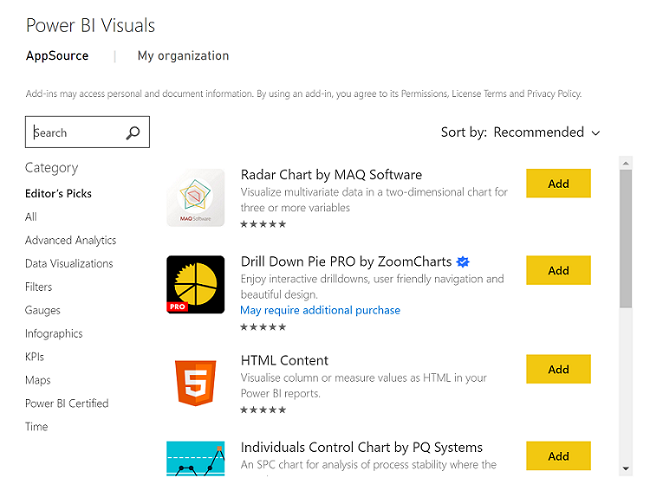 Screenshot: Liste mit AppSource-Add-Ins in Power BI