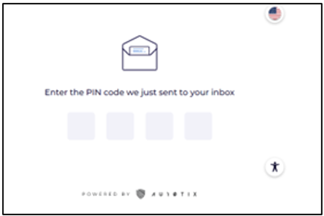 Screenshot der Seite AU10TIX: Geben Sie den PIN-Code ein, den wir soeben an Ihren Posteingang gesendet haben.