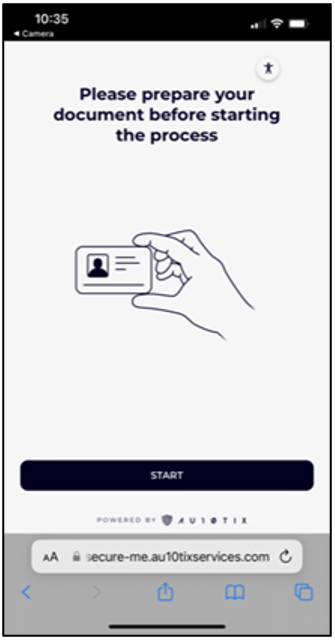 Screenshot der seite AU10TIX auf einem mobilen Gerät mit dem Text: Bitte bereiten Sie Ihr Dokument vor beginn des Prozesses vor. Eine Abbildung zeigt eine Hand, die eine ID-Karte hält.