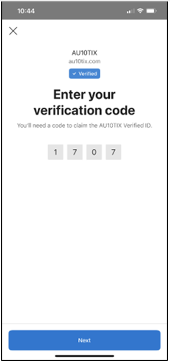 Screenshot von Microsoft Authenticator auf einem mobilen Gerät mit dem Text: Geben Sie Ihren Überprüfungscode ein, und geben Sie einen Ort für die Eingabe eines Codes und eine Schaltfläche 