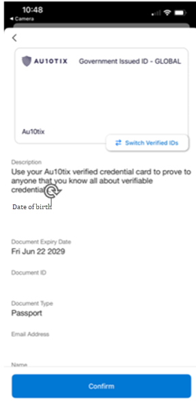 Screenshot der Microsoft Authenticator-Seite auf einem mobilen Gerät mit einer Vorschau der ID-Karte und anderen Informationen zu den Anmeldeinformationen. Die Schaltfläche 