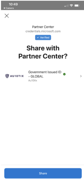 Screenshot der Microsoft Authenticator-Seite auf einem mobilen Gerät mit Text: Mit Partner Center teilen? Die Schaltfläche 