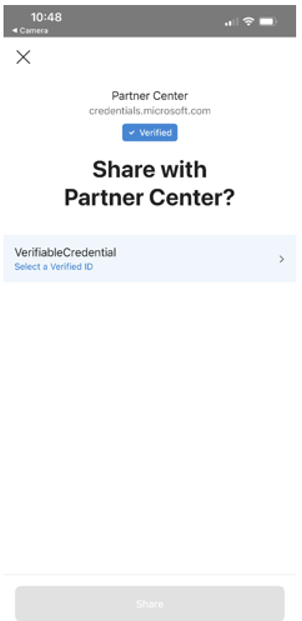 Screenshot der Microsoft Authenticator-Seite auf einem mobilen Gerät mit dem Titel: Mit Partner Center teilen? und eine Auswahl: VerifiableCredential.